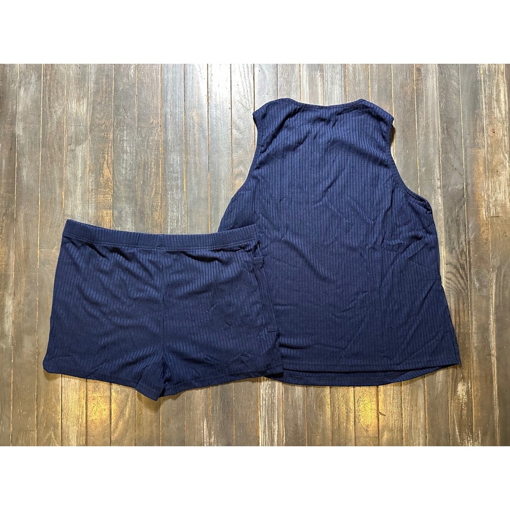 Navy Blue Ribbed Knit 2 Piece Lounge Set Sleeveless Tank and Shorts with Pockets